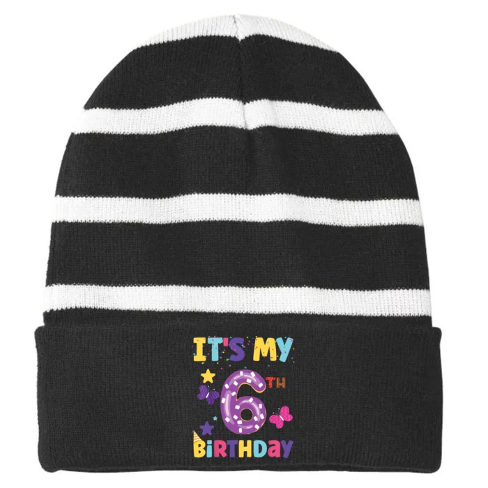 Its My 6th Birthday Sweet Dunat Girl Funny 6 Year Old Striped Beanie with Solid Band