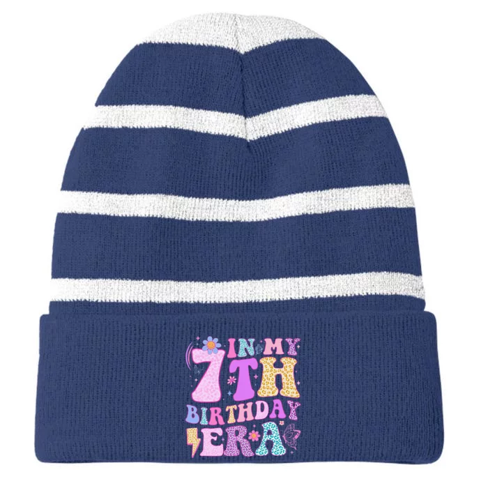 In My 7th Birthday Era Seven Bday 7 Year Old Birthday Girl Striped Beanie with Solid Band