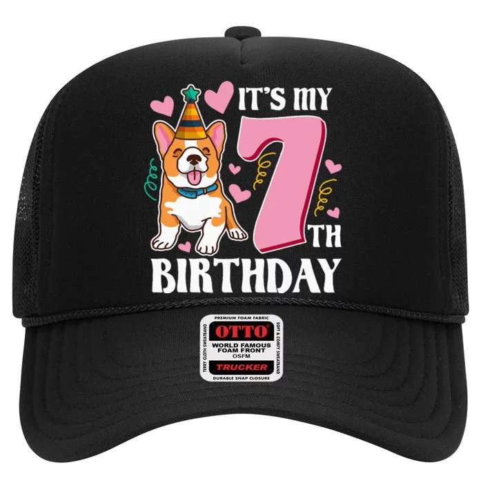 Its My 7th Birthday Dog Theme Bday Party Celebration High Crown Mesh Trucker Hat