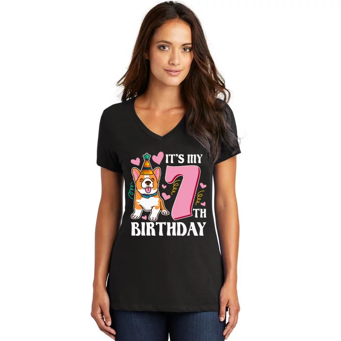 Its My 7th Birthday Dog Theme Bday Party Celebration Women's V-Neck T-Shirt