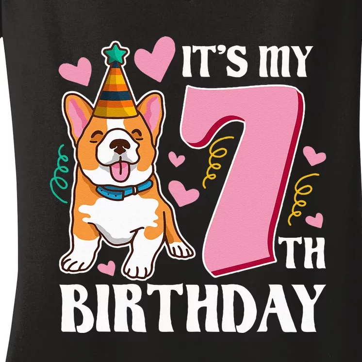 Its My 7th Birthday Dog Theme Bday Party Celebration Women's V-Neck T-Shirt