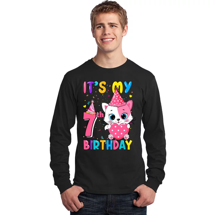 ItS My 7th Birthday Girl Funny Cat Birthday 7 Year Old Long Sleeve Shirt