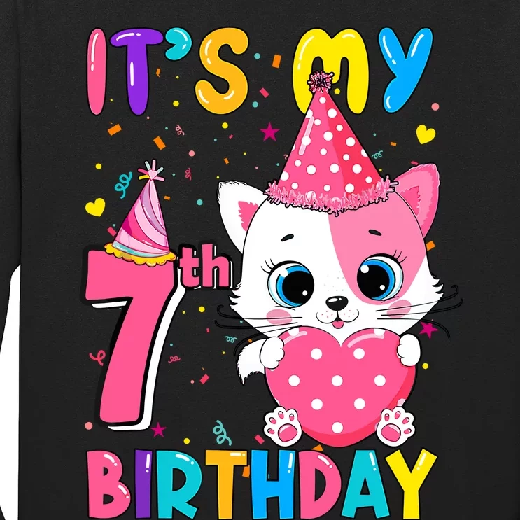 ItS My 7th Birthday Girl Funny Cat Birthday 7 Year Old Long Sleeve Shirt