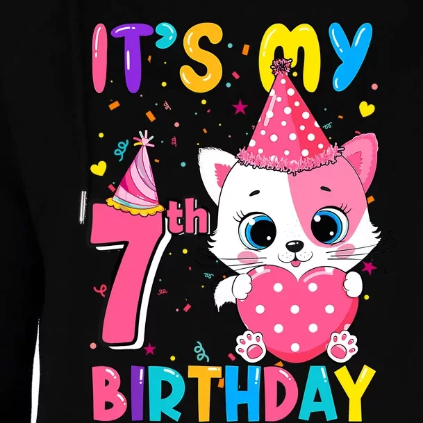 ItS My 7th Birthday Girl Funny Cat Birthday 7 Year Old Womens Funnel Neck Pullover Hood