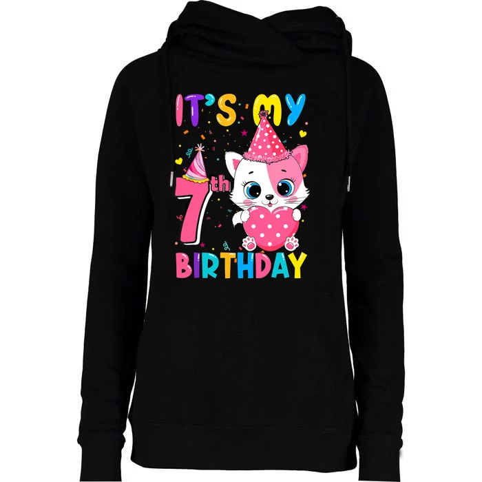 ItS My 7th Birthday Girl Funny Cat Birthday 7 Year Old Womens Funnel Neck Pullover Hood