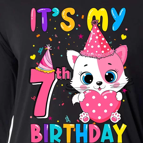 ItS My 7th Birthday Girl Funny Cat Birthday 7 Year Old Cooling Performance Long Sleeve Crew