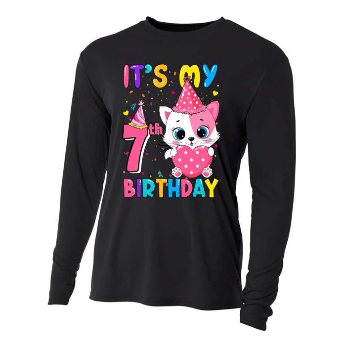 ItS My 7th Birthday Girl Funny Cat Birthday 7 Year Old Cooling Performance Long Sleeve Crew