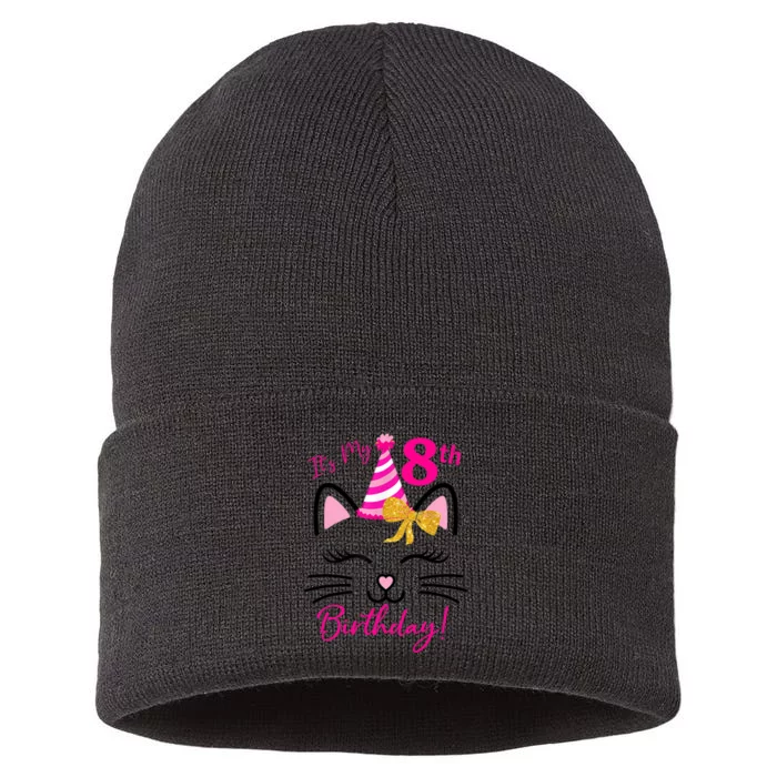 It's My 8th Birthday Girl Funny Cat Birthday 8 Year Old Sustainable Knit Beanie