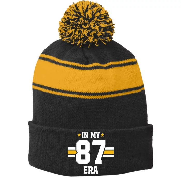 In My 87 Era Funny Football Boyfriend Lovers Couple Matching Stripe Pom Pom Beanie