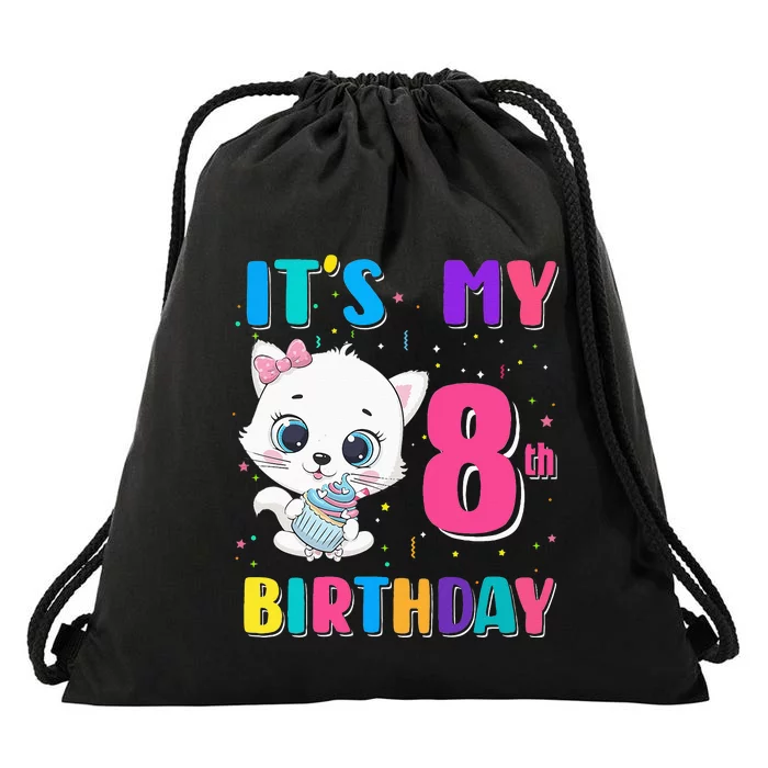 Its My 8th Birthday Girl Funny Cat Birthday 8 Year Old Drawstring Bag