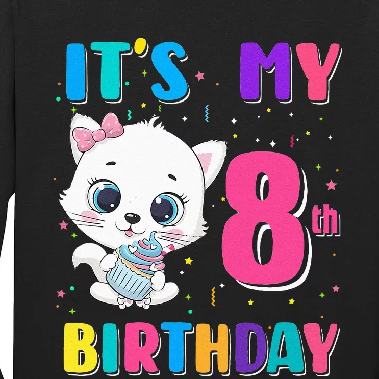 Its My 8th Birthday Girl Funny Cat Birthday 8 Year Old Tall Long Sleeve T-Shirt