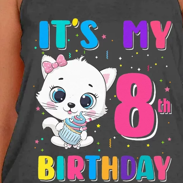 Its My 8th Birthday Girl Funny Cat Birthday 8 Year Old Women's Knotted Racerback Tank