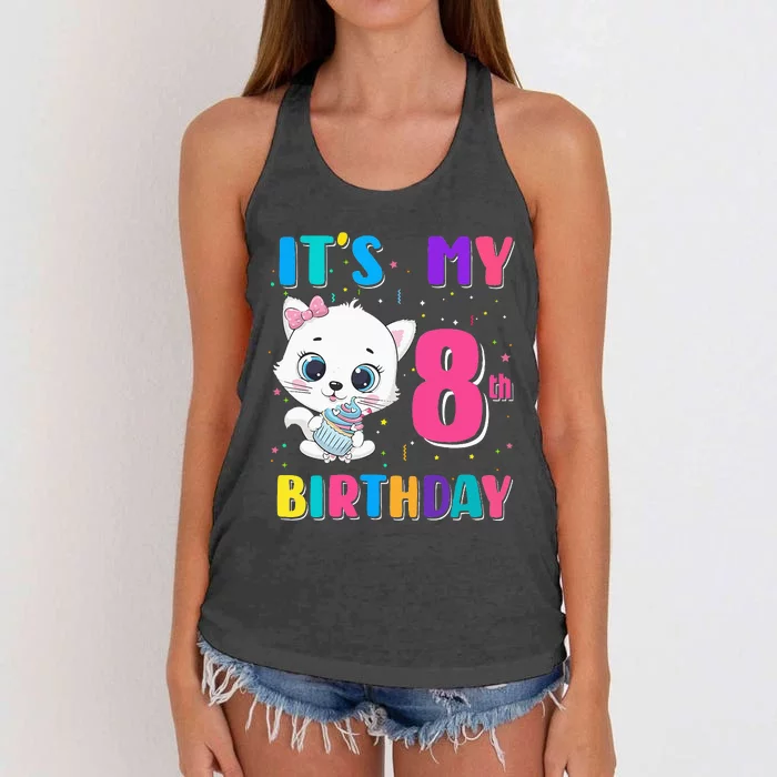 Its My 8th Birthday Girl Funny Cat Birthday 8 Year Old Women's Knotted Racerback Tank