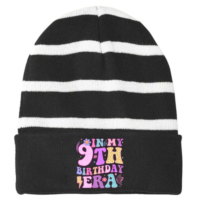 In My 9th Birthday Era Nine Bday 9 Year Old Birthday Girl Striped Beanie with Solid Band