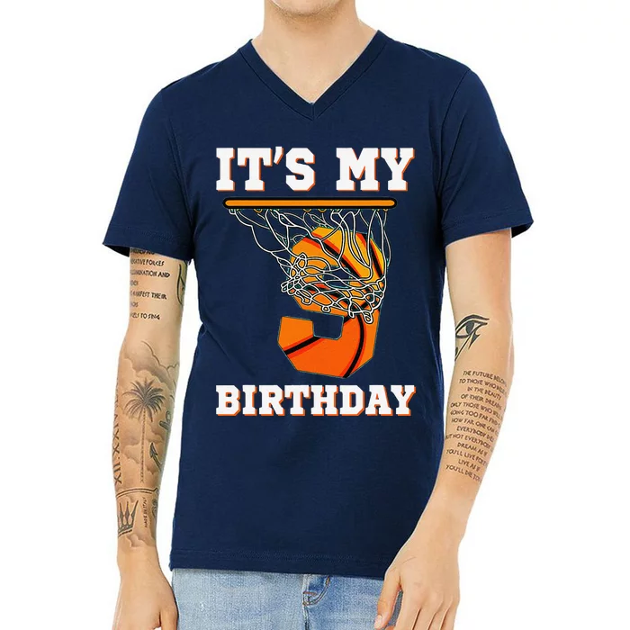 ItS My 9th Birthday Basketball Boy Party 9 Years Old V-Neck T-Shirt