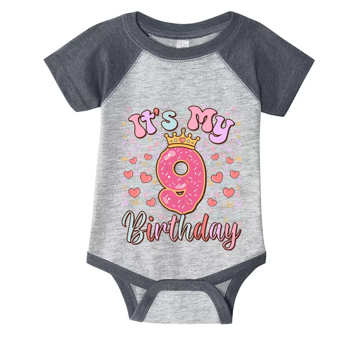 ItS My 9th Birthday Cake Donut 9 Years Old Confetti Infant Baby Jersey Bodysuit