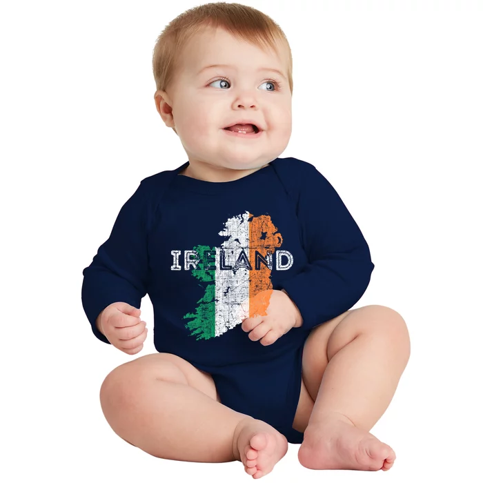 Irish Map And Flag Souvenir Gift Distressed Ireland Cool Gift Baby Long Sleeve Bodysuit