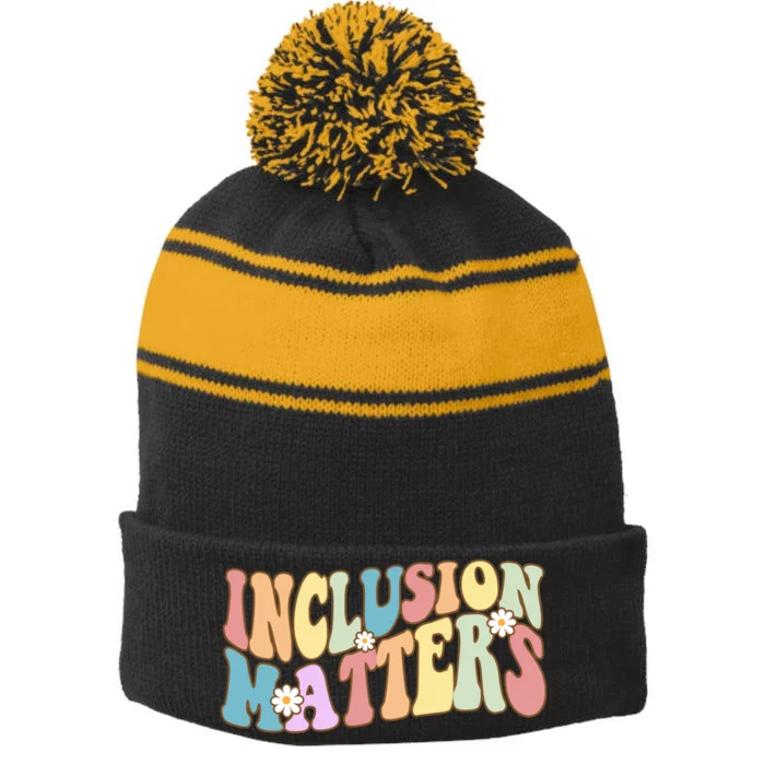 Inclusion Matters Autism Awareness Retro Floral Stripe Pom Pom Beanie