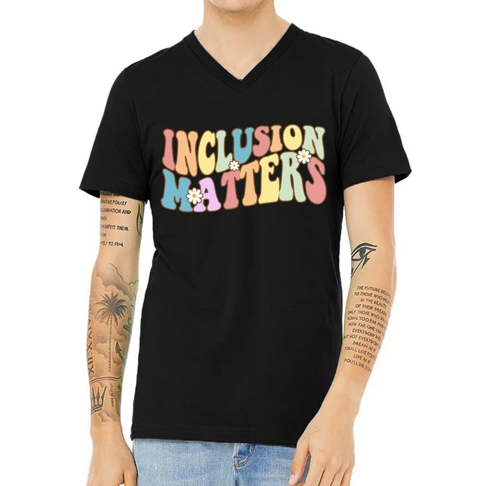 Inclusion Matters Autism Awareness Retro Floral V-Neck T-Shirt