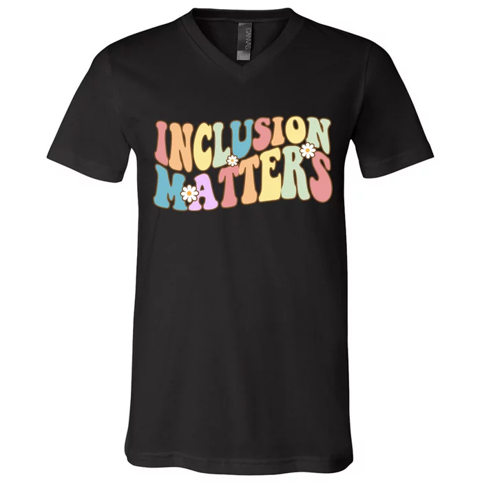 Inclusion Matters Autism Awareness Retro Floral V-Neck T-Shirt