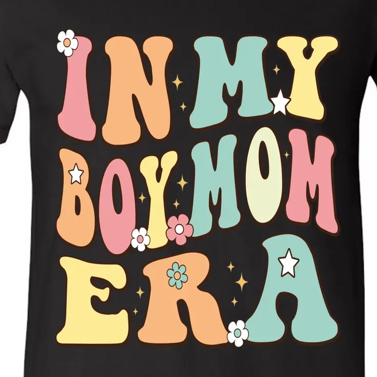 In My Boy Mom Era Baby Announcement Christmas Groovy Retro V-Neck T-Shirt