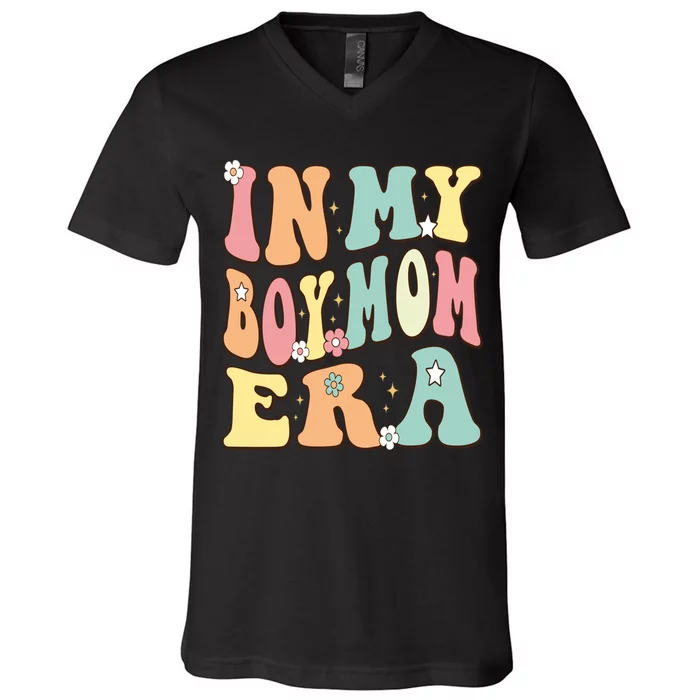 In My Boy Mom Era Baby Announcement Christmas Groovy Retro V-Neck T-Shirt