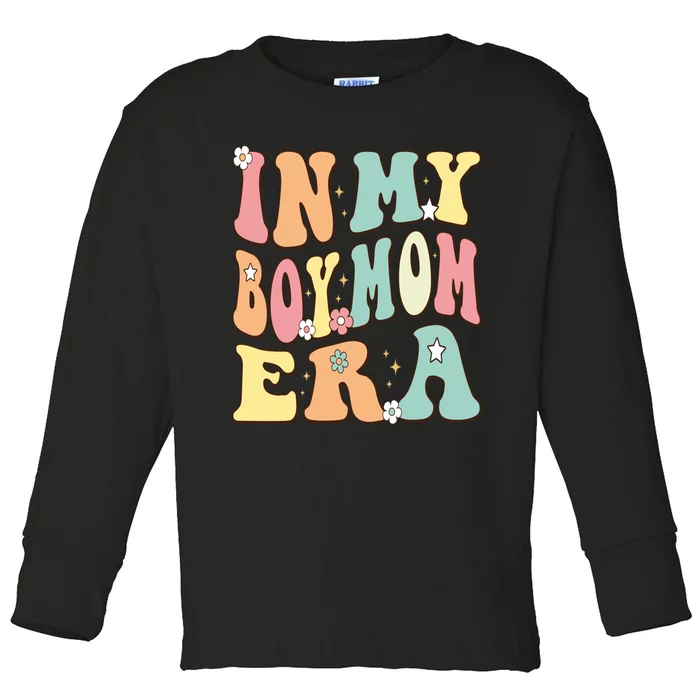 In My Boy Mom Era Baby Announcement Christmas Groovy Retro Toddler Long Sleeve Shirt