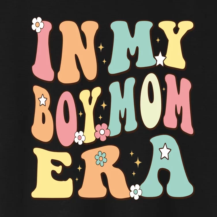 In My Boy Mom Era Baby Announcement Christmas Groovy Retro Women's Crop Top Tee