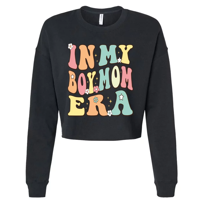 In My Boy Mom Era Baby Announcement Christmas Groovy Retro Cropped Pullover Crew