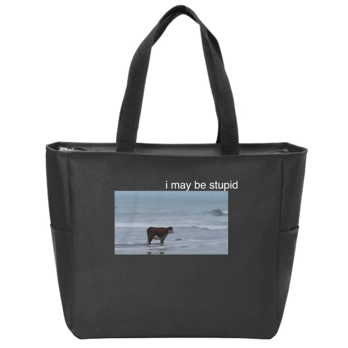 I May Be Stupid Cow On Beach Funny Meme Zip Tote Bag