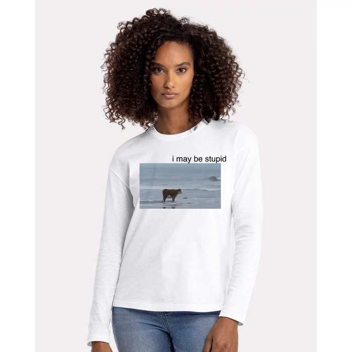 I May Be Stupid Cow On Beach Womens Cotton Relaxed Long Sleeve T-Shirt