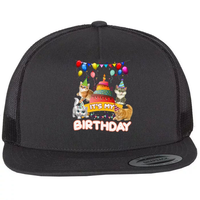 ItS My Birthday Cat And Kitten Party Day Flat Bill Trucker Hat