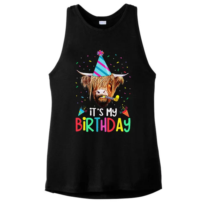 Its My Birthday Messy Hair Scottish Highland Cow Ladies Tri-Blend Wicking Tank