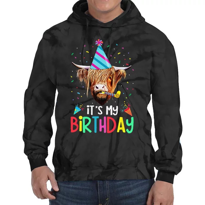 Its My Birthday Messy Hair Scottish Highland Cow Tie Dye Hoodie