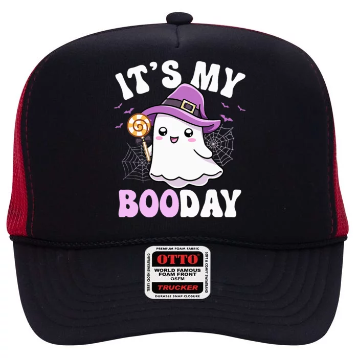 Its My Boo Day Cute Ghost Halloween Birthday High Crown Mesh Trucker Hat