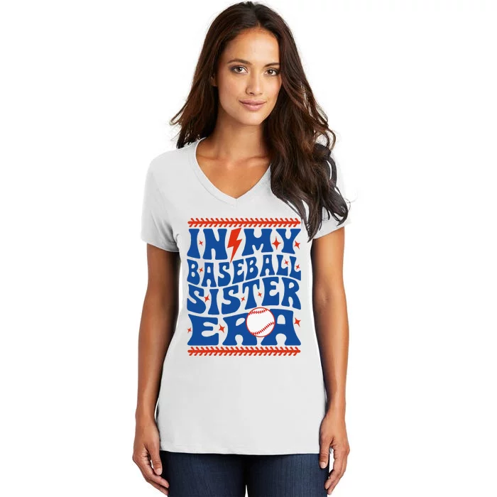 In My Baseball Sister Era Groovy Sister Baseball Women's V-Neck T-Shirt