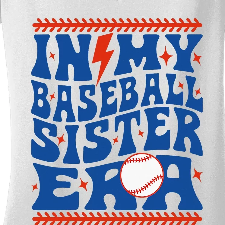 In My Baseball Sister Era Groovy Sister Baseball Women's V-Neck T-Shirt