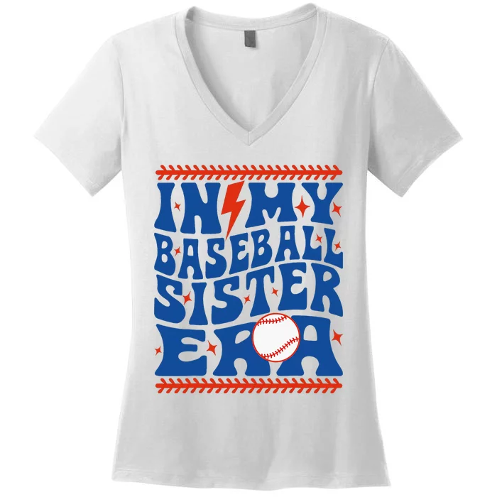 In My Baseball Sister Era Groovy Sister Baseball Women's V-Neck T-Shirt