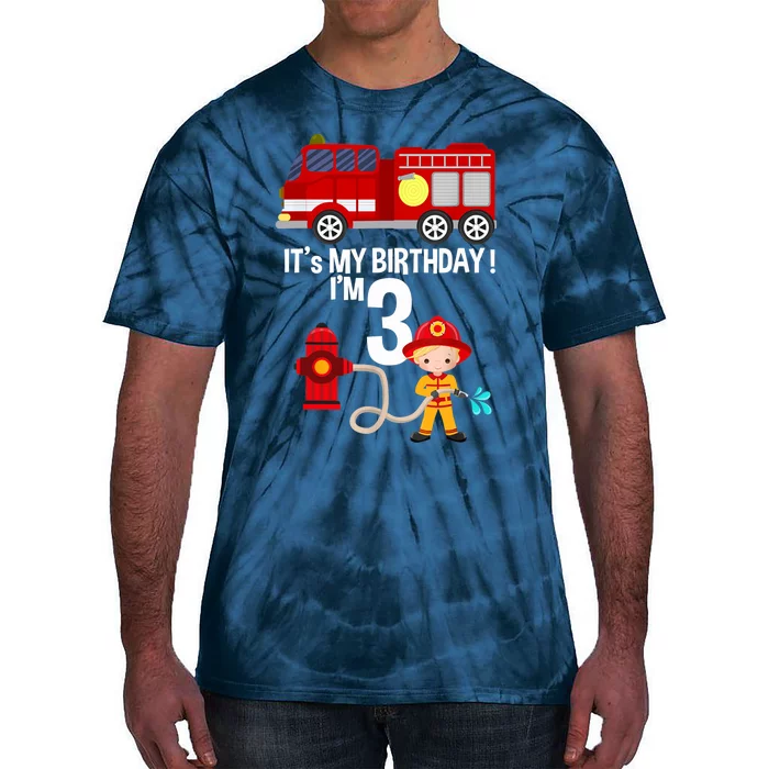 It's my birthday Fire Truck Fireman 3 Birthday Boy Tie-Dye T-Shirt