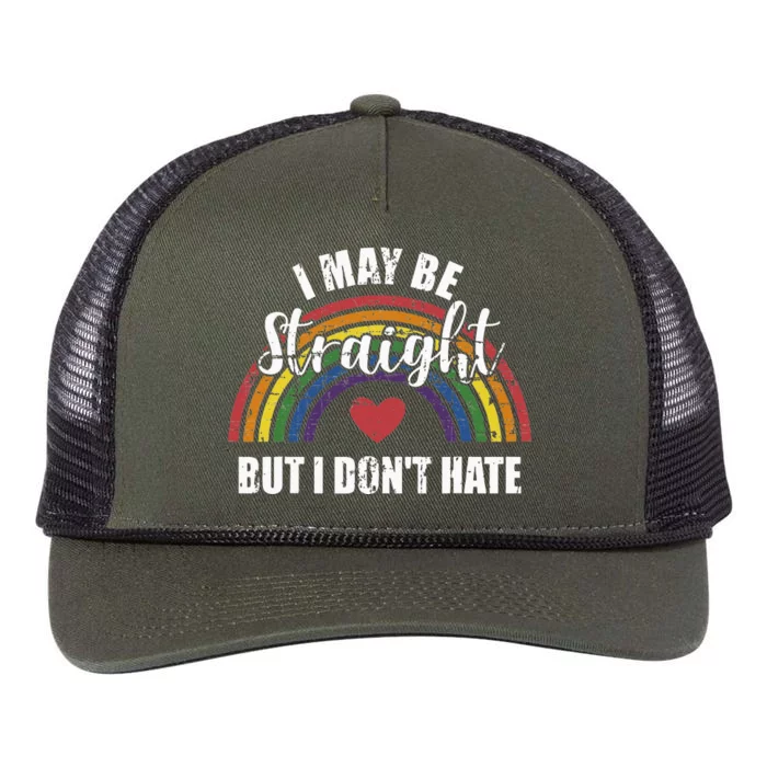 I May Be Straight But Not Hate Rainbow Flag Pride Month Retro Rope Trucker Hat Cap