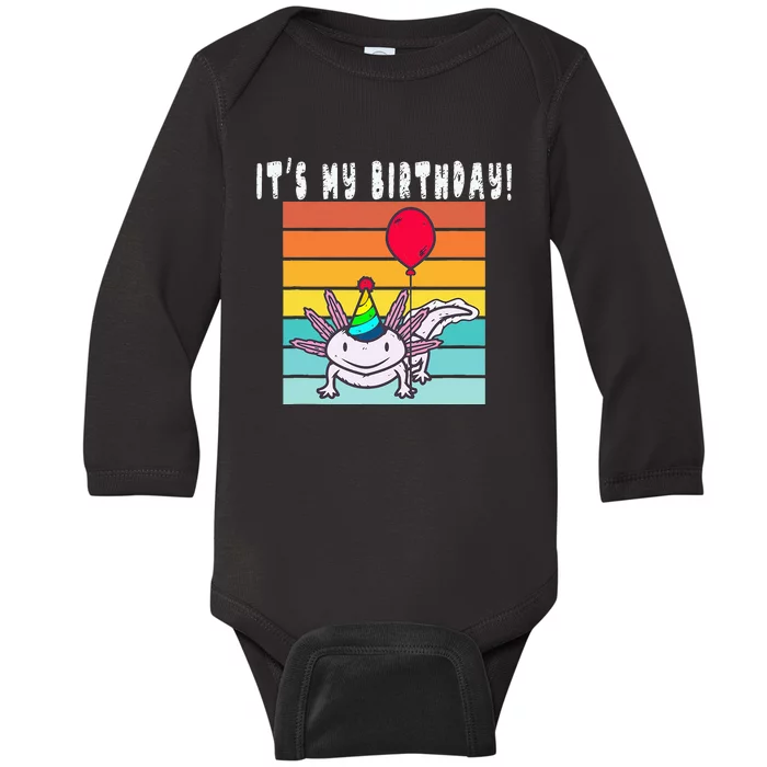 Its My Birthday Axolotl Party Hat & Balloon Baby Long Sleeve Bodysuit