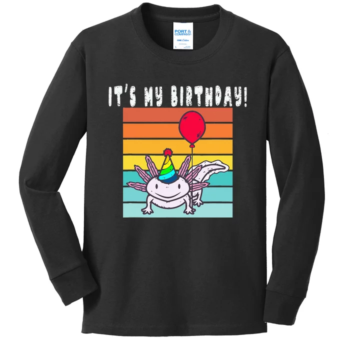 Its My Birthday Axolotl Party Hat & Balloon Kids Long Sleeve Shirt