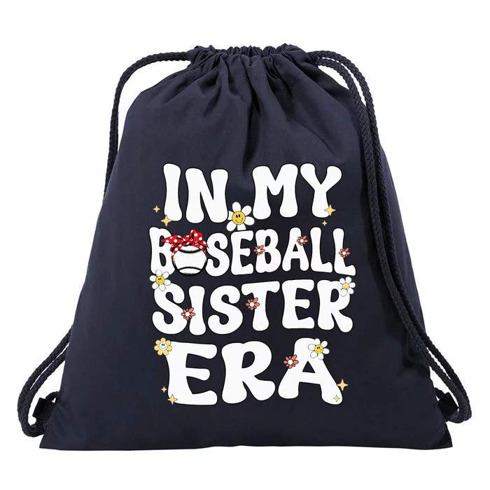 In My Baseball Sister Era Groovy Retro Proud Baseball Sister Drawstring Bag