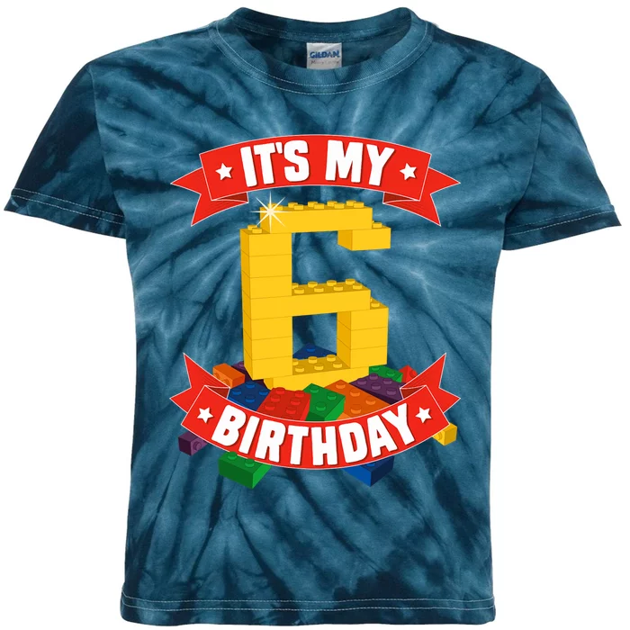 It's My Birthday 6 Years Old Block Building Boy Kids Tie-Dye T-Shirt