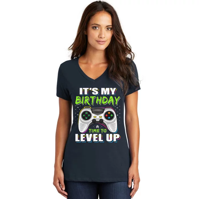 ItS My Birthday Boy Time To Level Up Video Game Gift Women's V-Neck T-Shirt