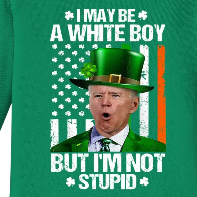 I May Be A White Boy But I'm Not Stupid Biden Funny St Patrick's Day Baby Long Sleeve Bodysuit