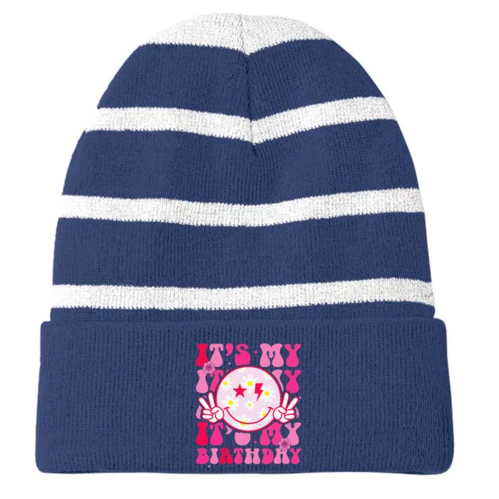 Its My Birthday Teens Bday Flower Groovy Striped Beanie with Solid Band