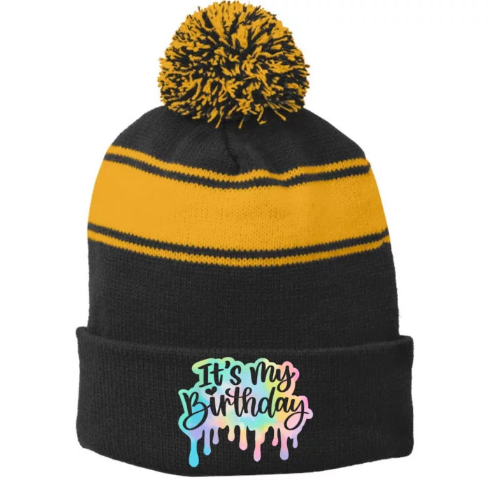 Its My Birthday For Women Teens Girls Retro Tie Dye Stripe Pom Pom Beanie