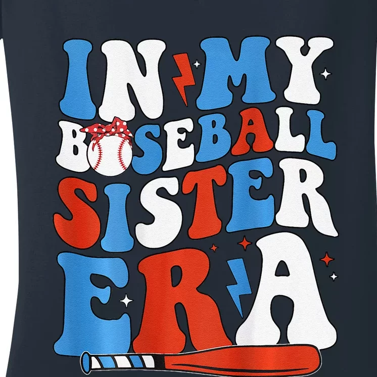 In My Baseball Sister Era Groovy Baseball Sister 2 Sided Women's V-Neck T-Shirt