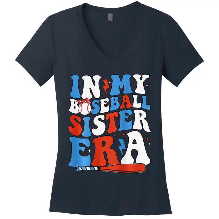 In My Baseball Sister Era Groovy Baseball Sister 2 Sided Women's V-Neck T-Shirt